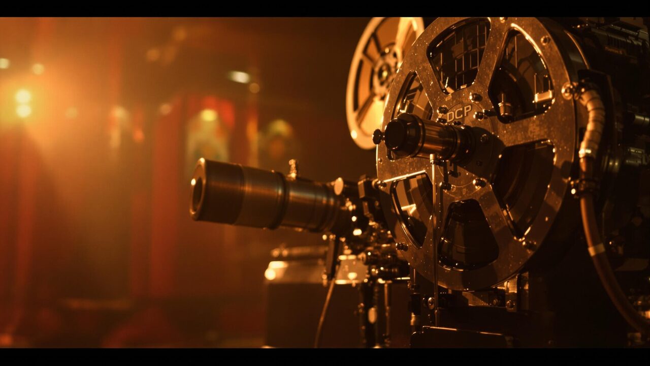 Vintage film projector in warm lighting