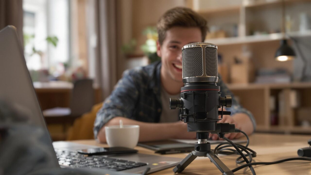 Man recording podcast with microphone and laptop
