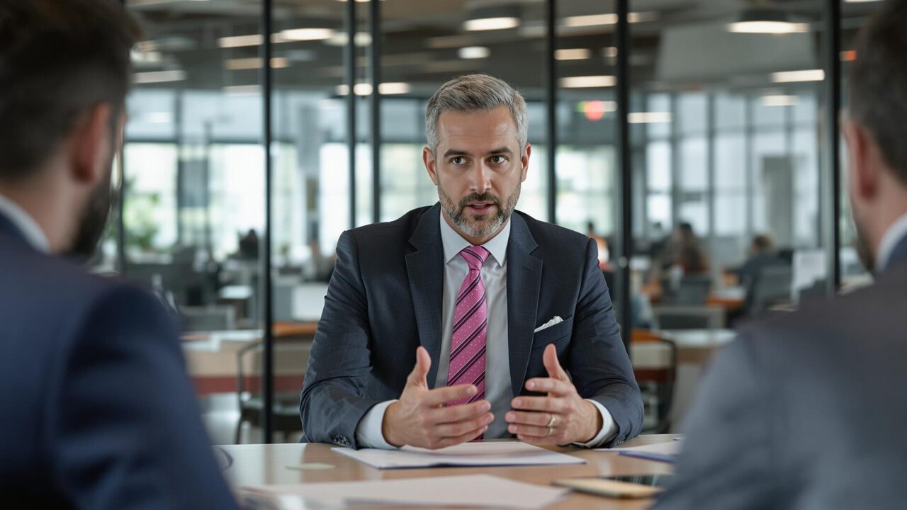 Business meeting with a man in a suit explaining
