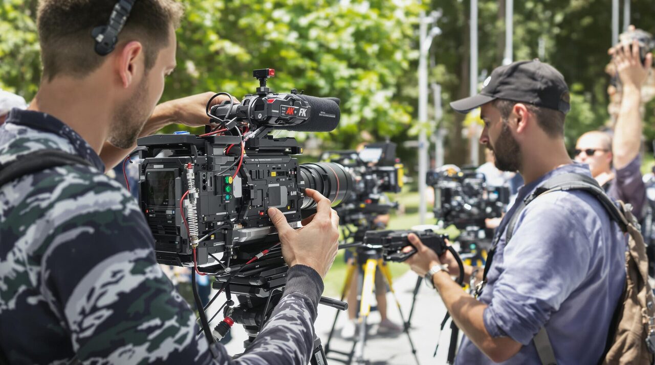 Film crew operating professional cameras.