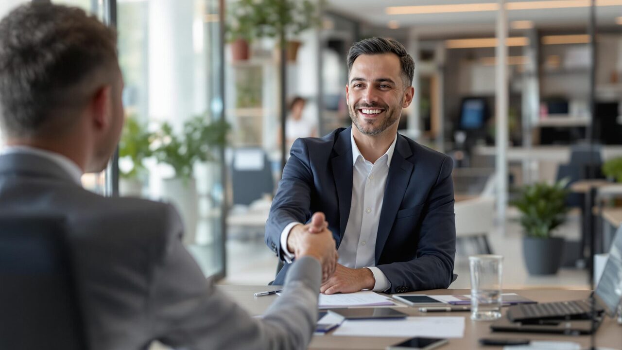Businessmen shaking hands in office
