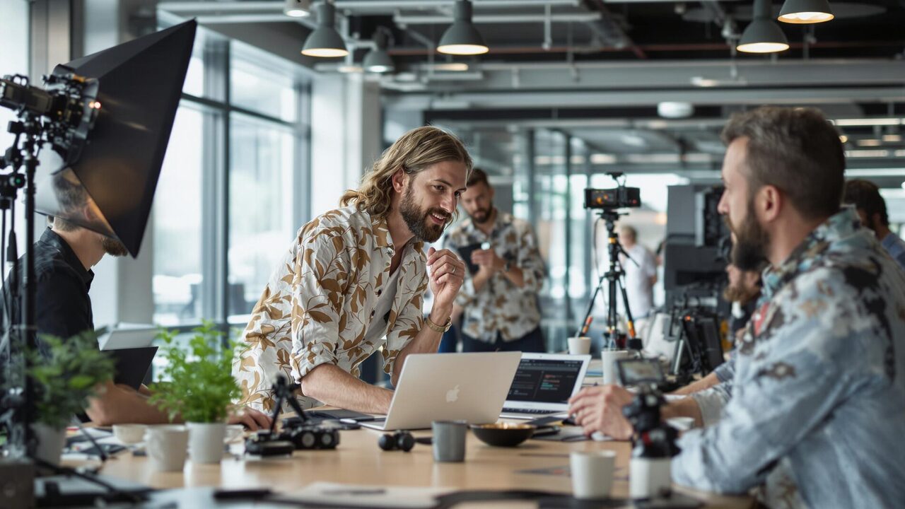 Film crew filming in a modern office