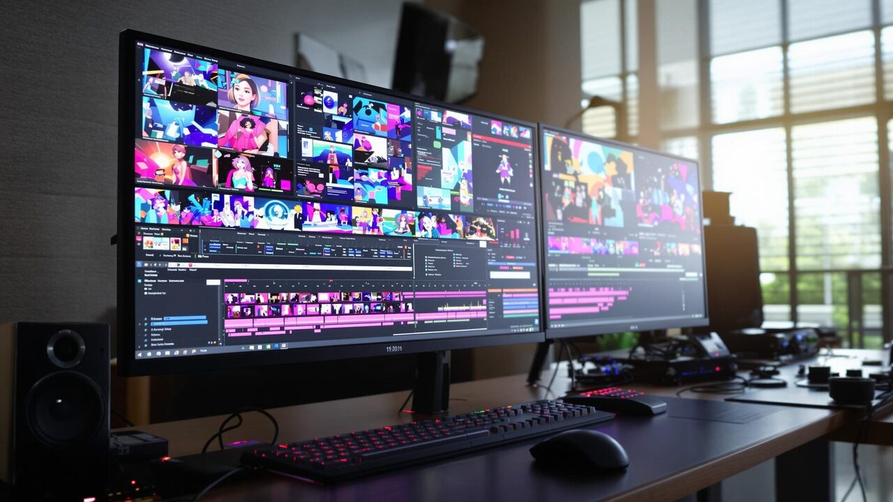 Dual monitors displaying video editing software.