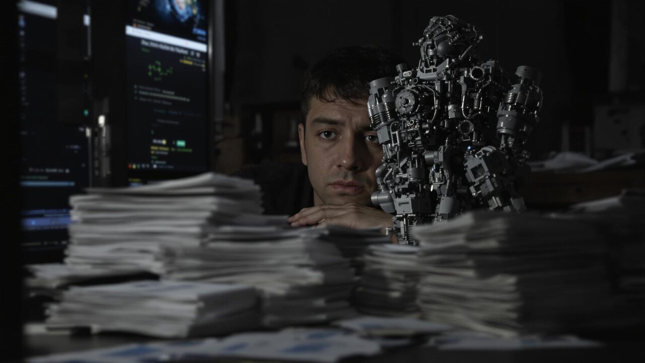 Man with robot figure behind stacks of paper.