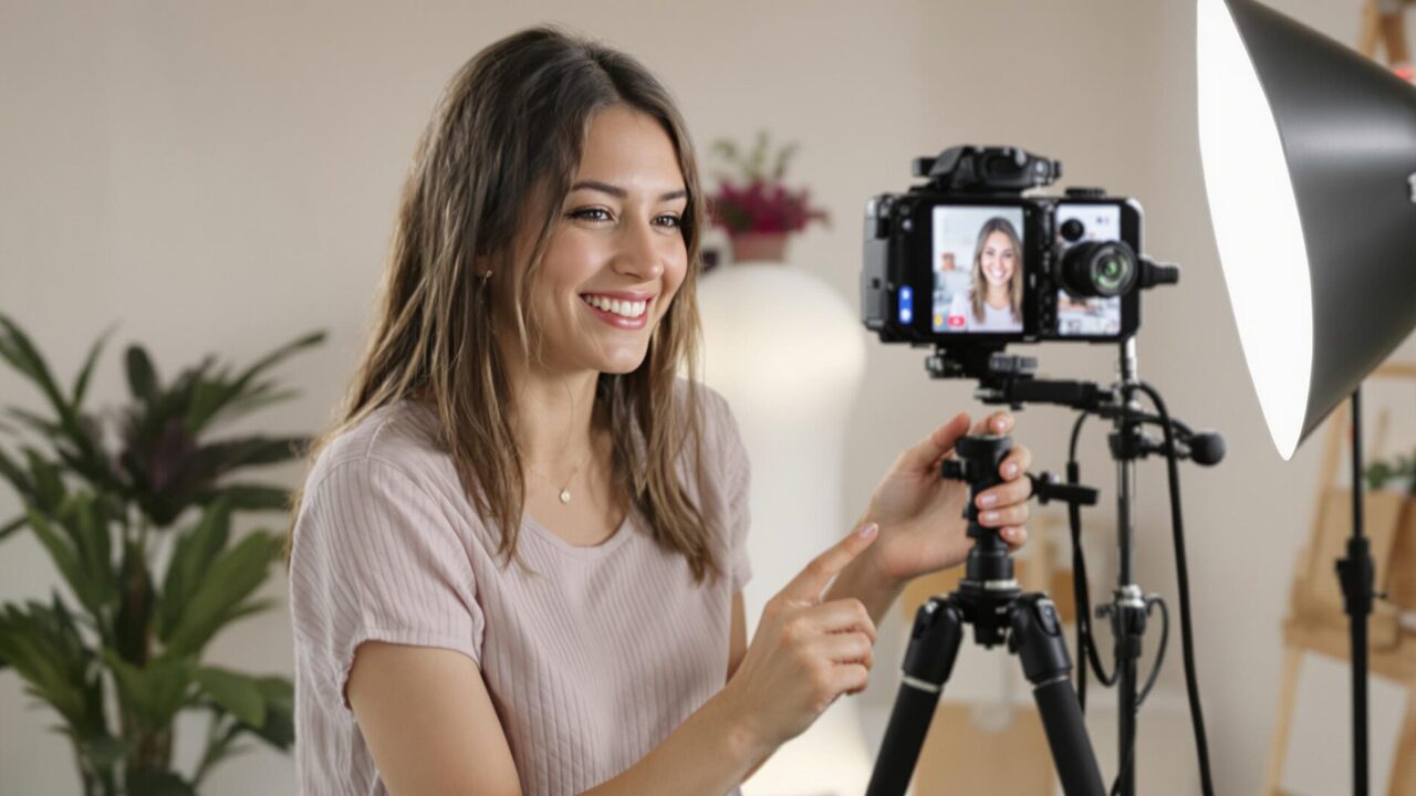 Woman recording video with professional camera setup