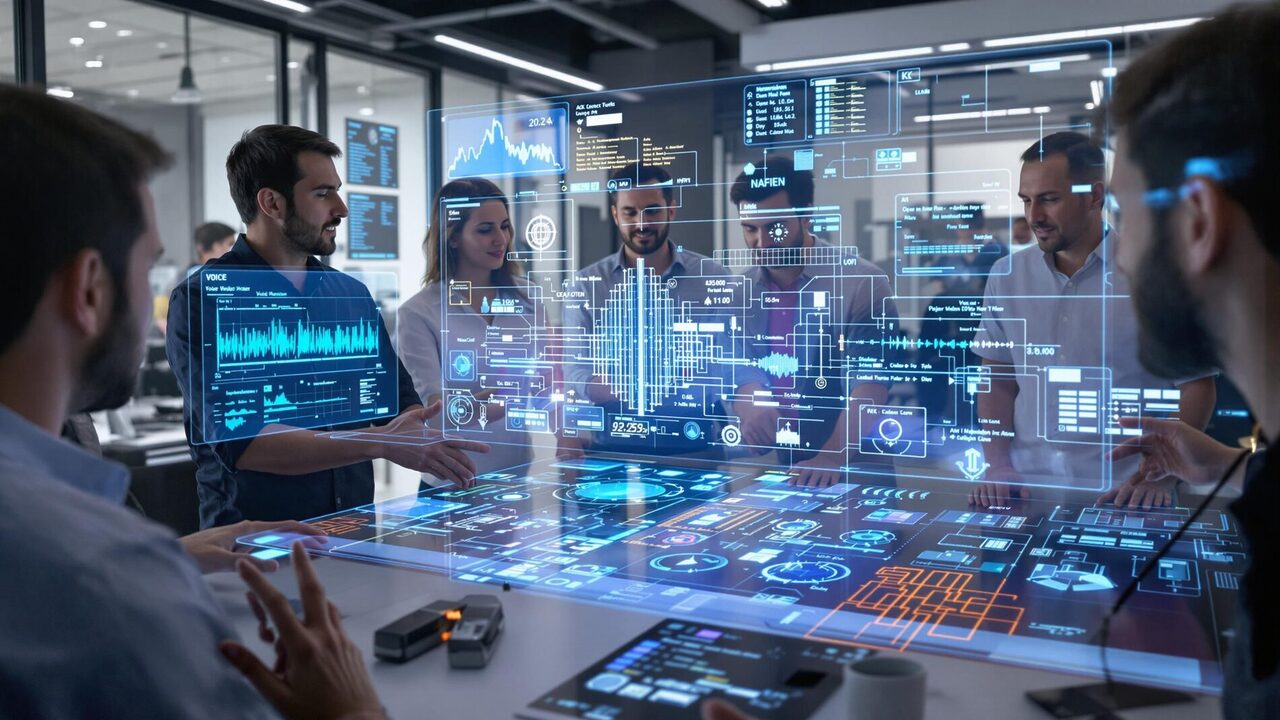 Team of engineers collaborating on a holographic display.