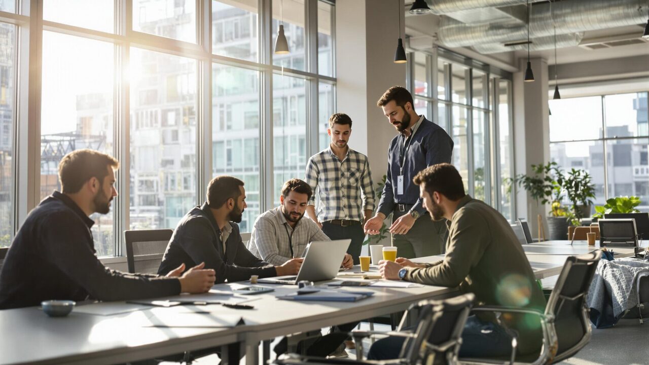 Team meeting around a laptop in a modern office