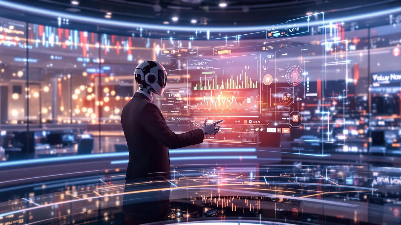 Robot trader analyzing financial data on a holographic screen.