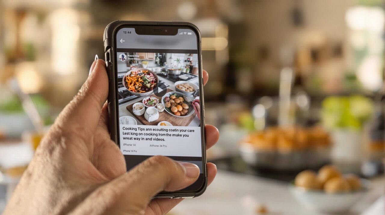 Person holding a smartphone displaying a cooking video.