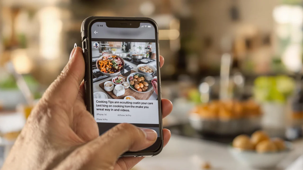 Person holding a smartphone displaying a cooking video.
