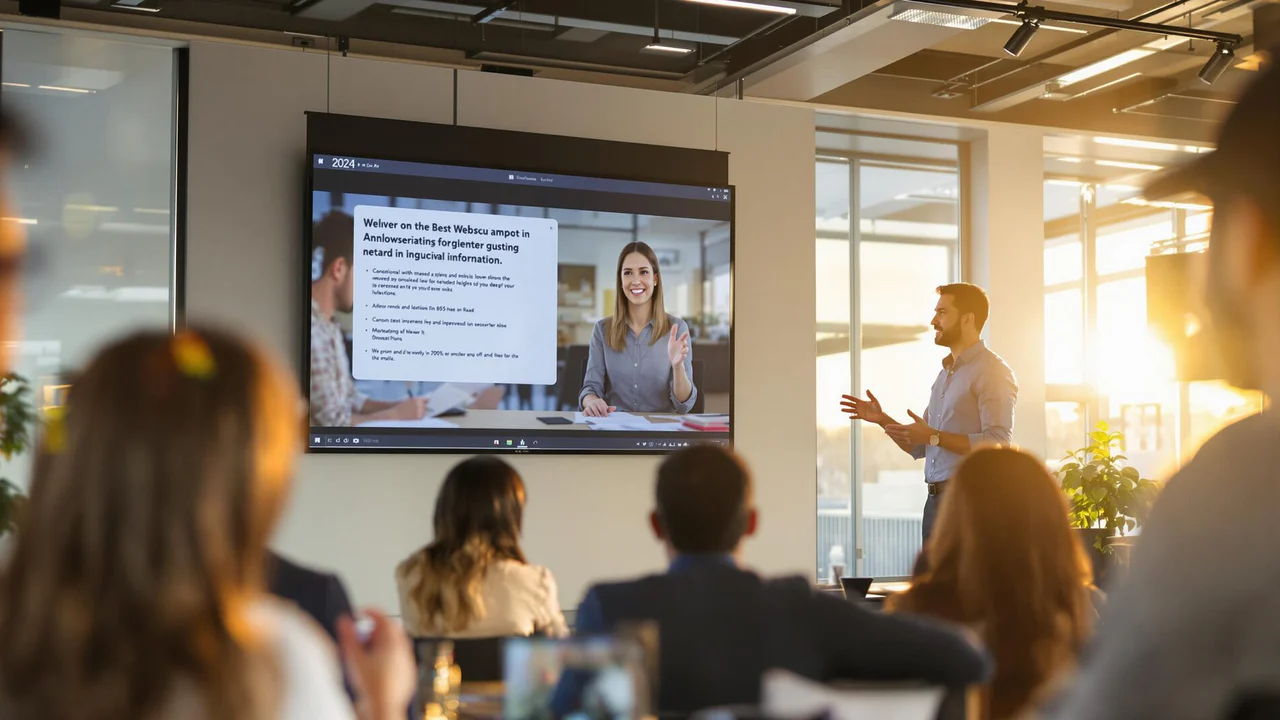 Presentation with speaker and video call on screen.