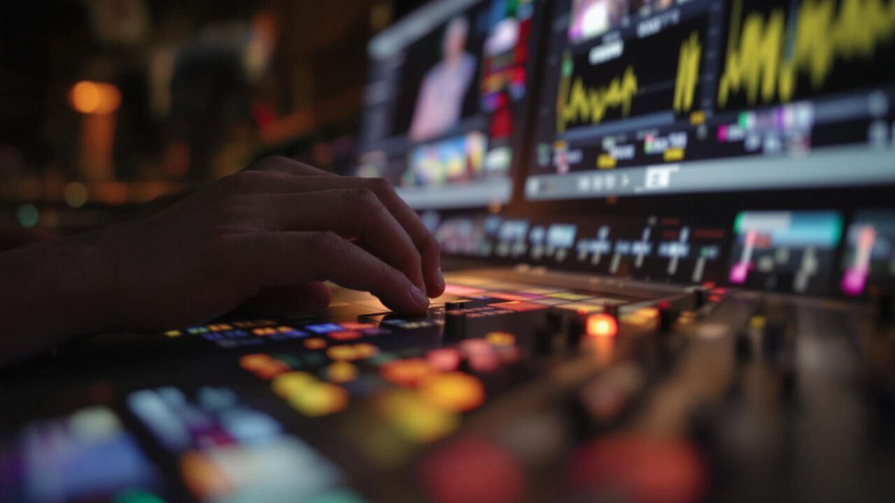 Hand operating a broadcast mixing console.
